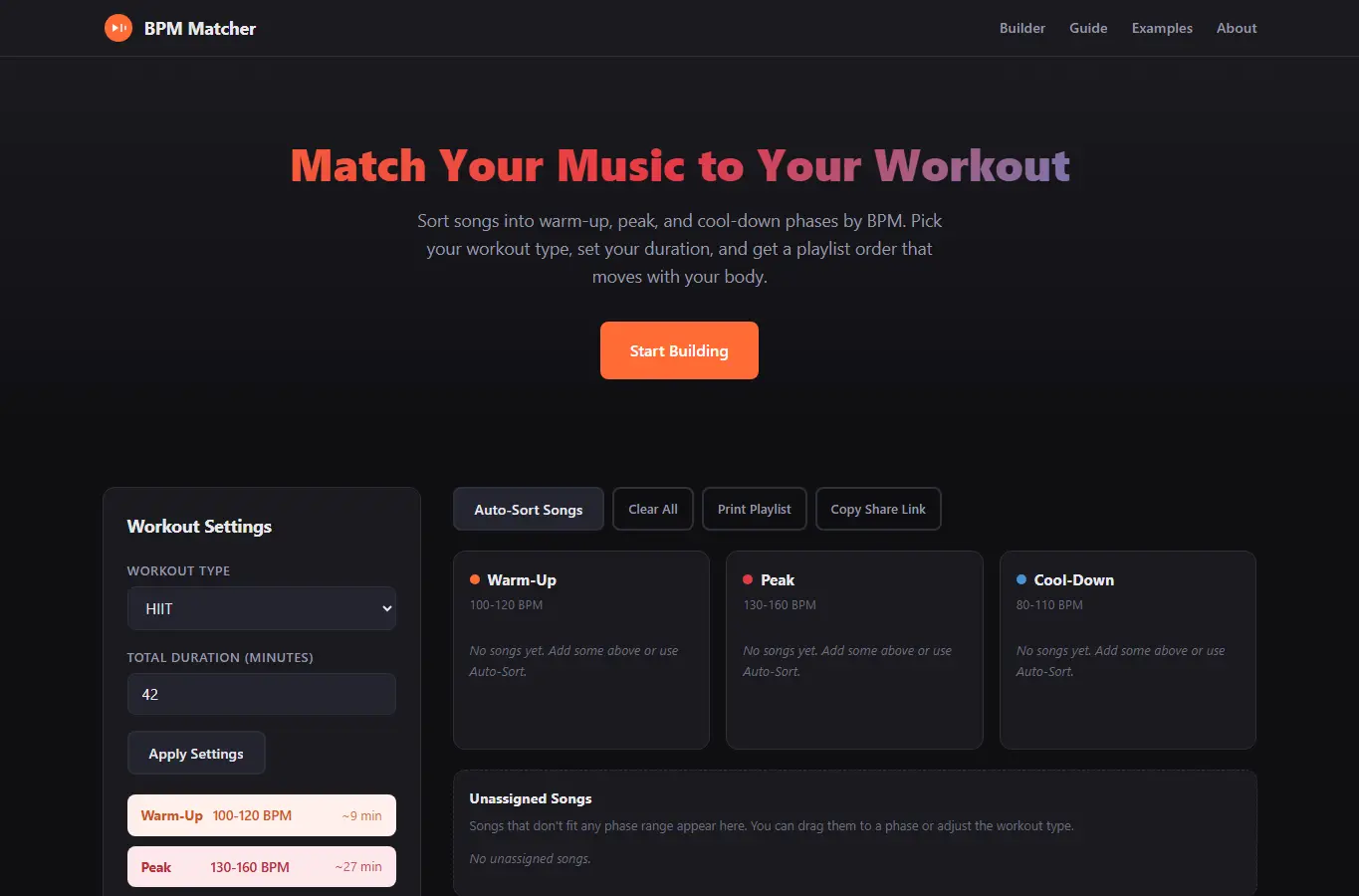 Screenshot of Workout Playlist BPM Matcher interface showing the project page in use